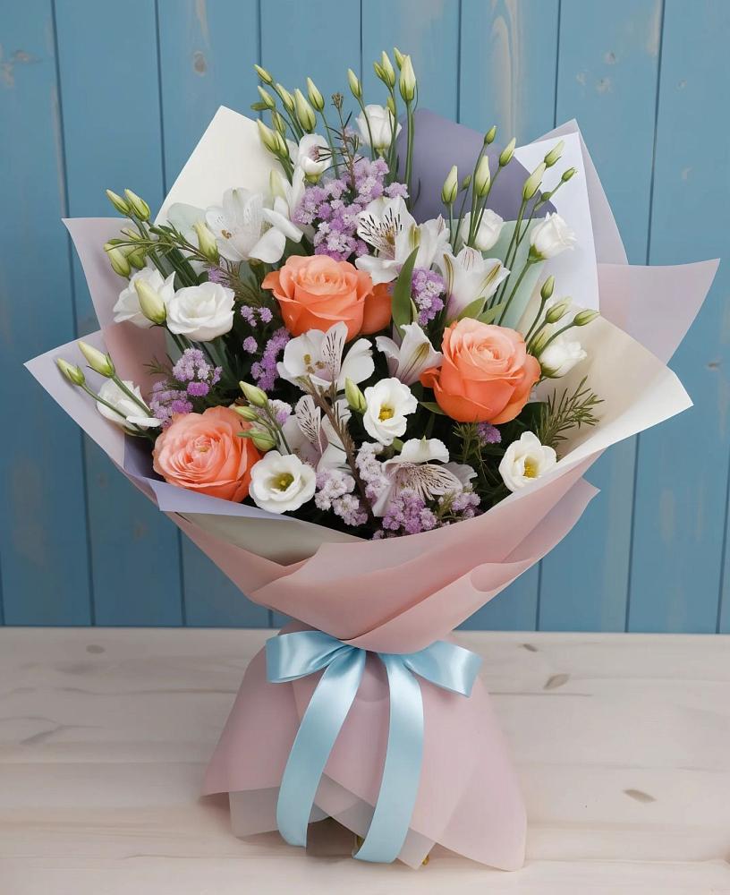 Букет цветов из: Лизиантусы, Розы, Альстромерии и Гипсофила в Шестаково Воронежской области