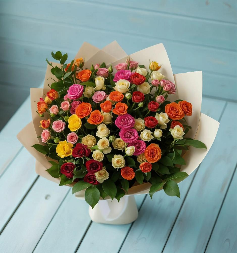 Букет Микс из разноцветных кустовых роз в Шестаково Воронежской области