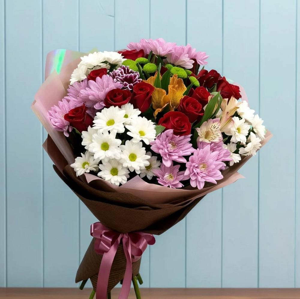 Букет цветов из: Розы, Хризантемы и Альстромерии в Шестаково Воронежской области