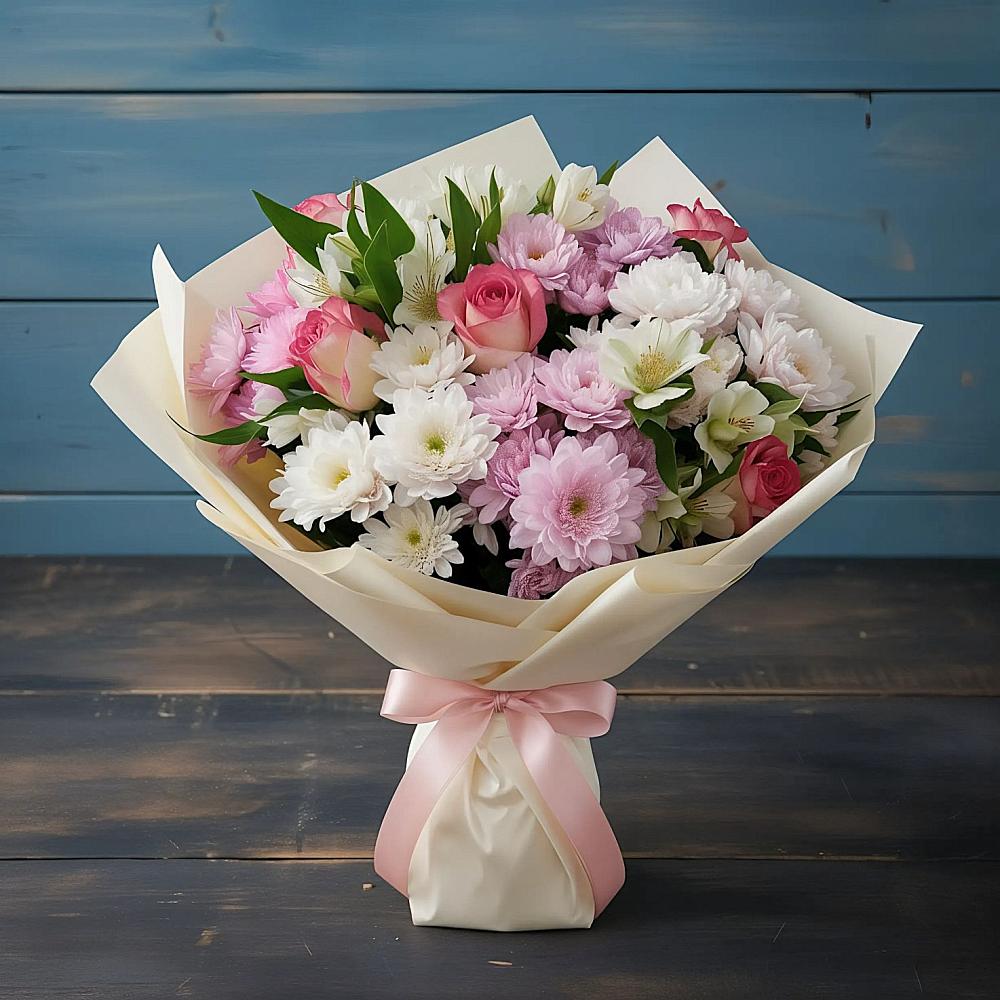 Букет цветов из: Хризантемы, Альстромерии и Розы в Шестаково Воронежской области